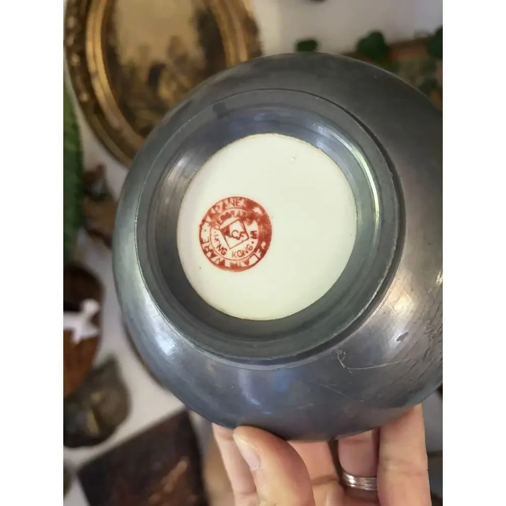 Vintage Porcelain Ware Pewter Encased Floral Ashtray Trinket Dish Hong Kong
